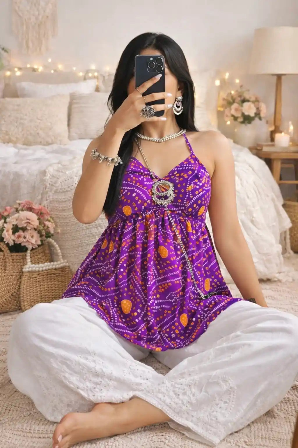 Bloom Purple Bandhej Peplum Top