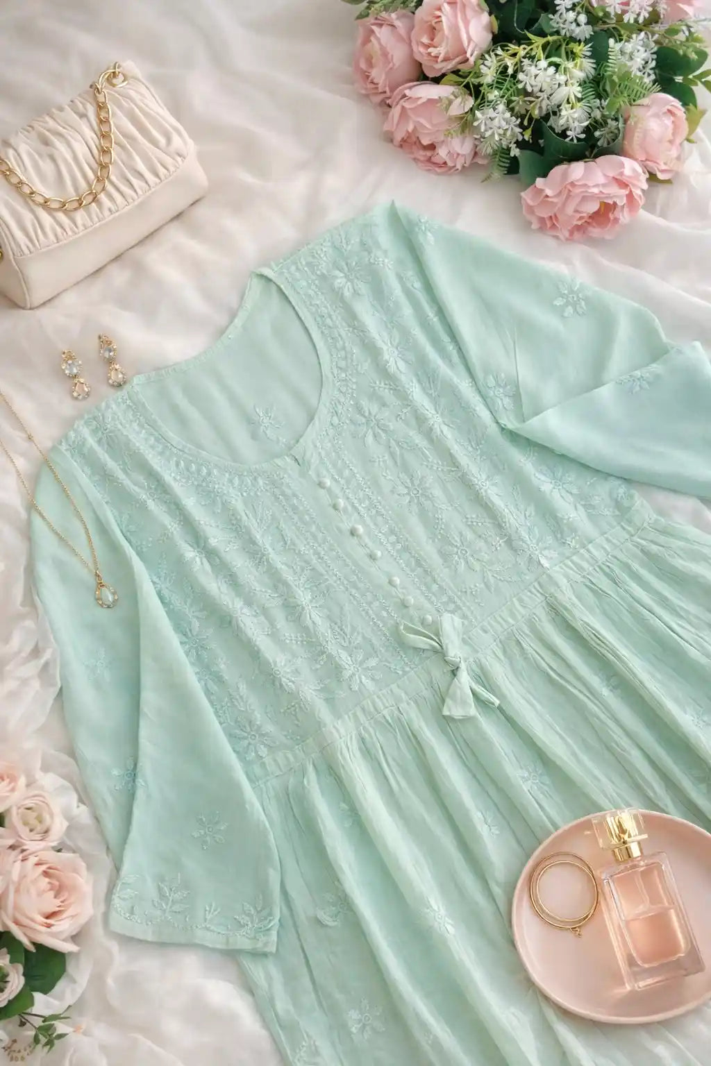 Blush Green Naaz Chikan Short Kurta