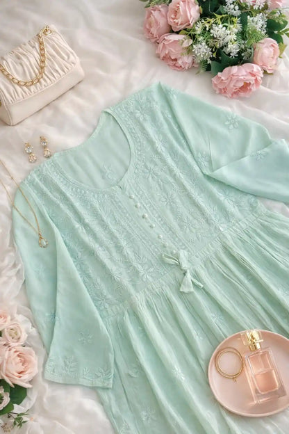 Blush Green Naaz Chikan Short Kurta