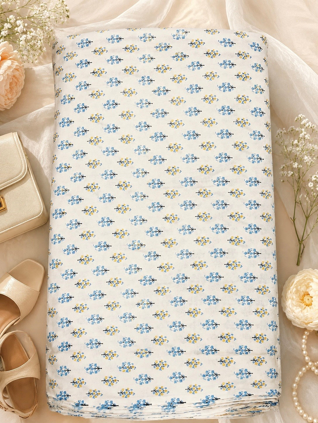 Ditsy Floral Handblock Cotton Fabric Cut