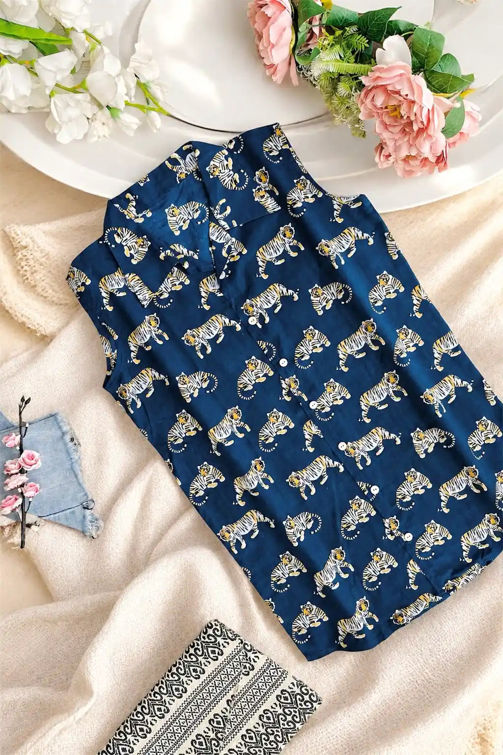 Blue Tiger Cute Collar Shirt