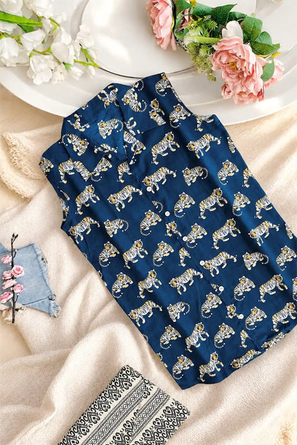 Blue Tiger Cute Collar Shirt