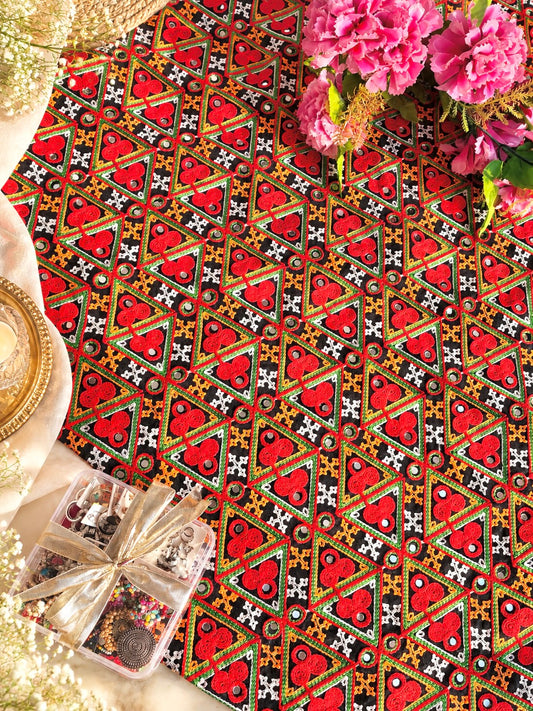Black Red Embroidered Geometric Mirror Work Fabric Cut