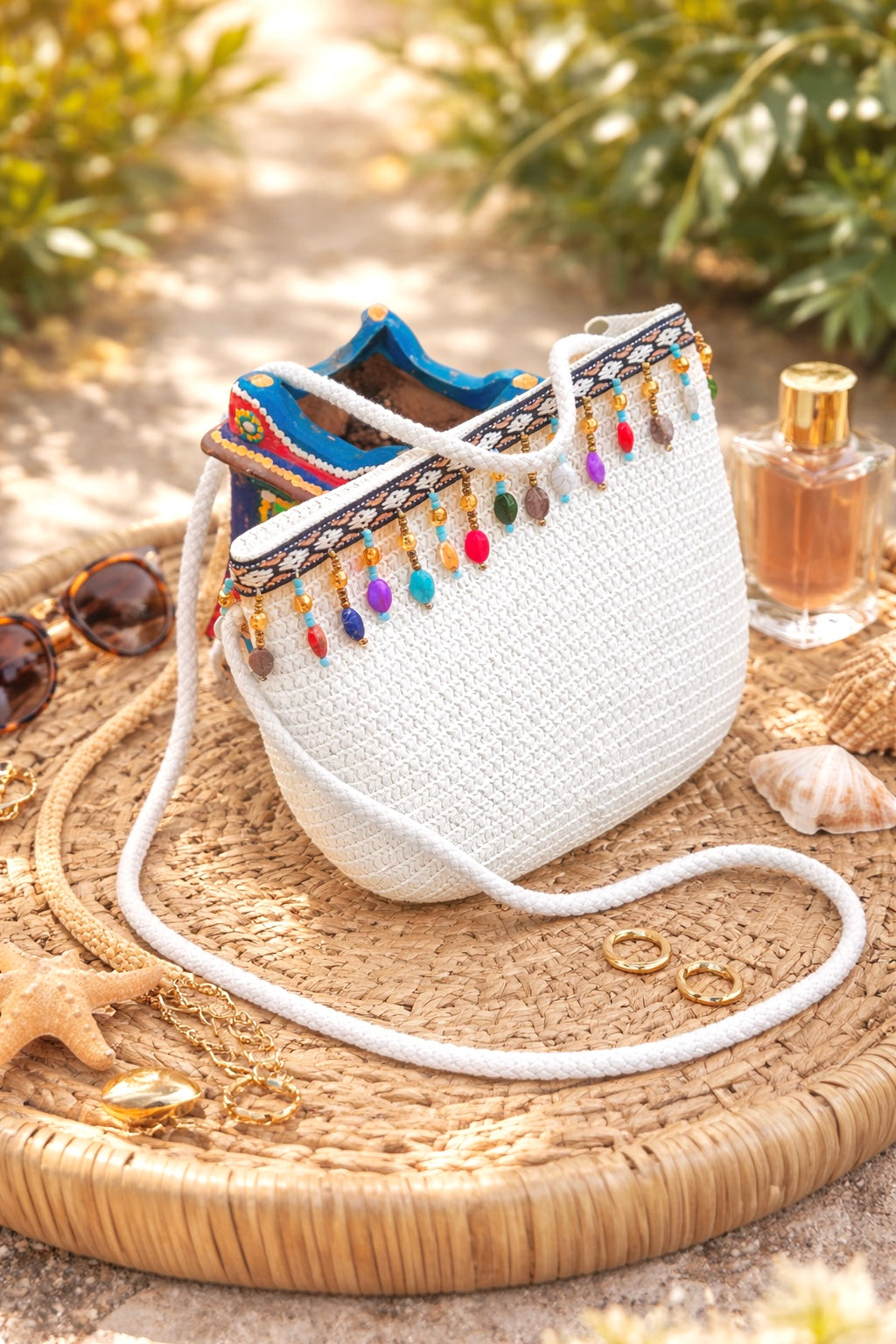 Boho Beaded White Crochet Sling Bag