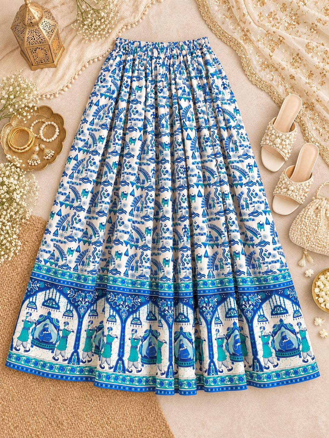 Blue Jaipuri Folk Art Printed Twirl Skirt