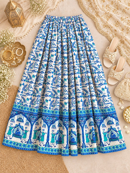 Blue Jaipuri Folk Art Printed Twirl Skirt