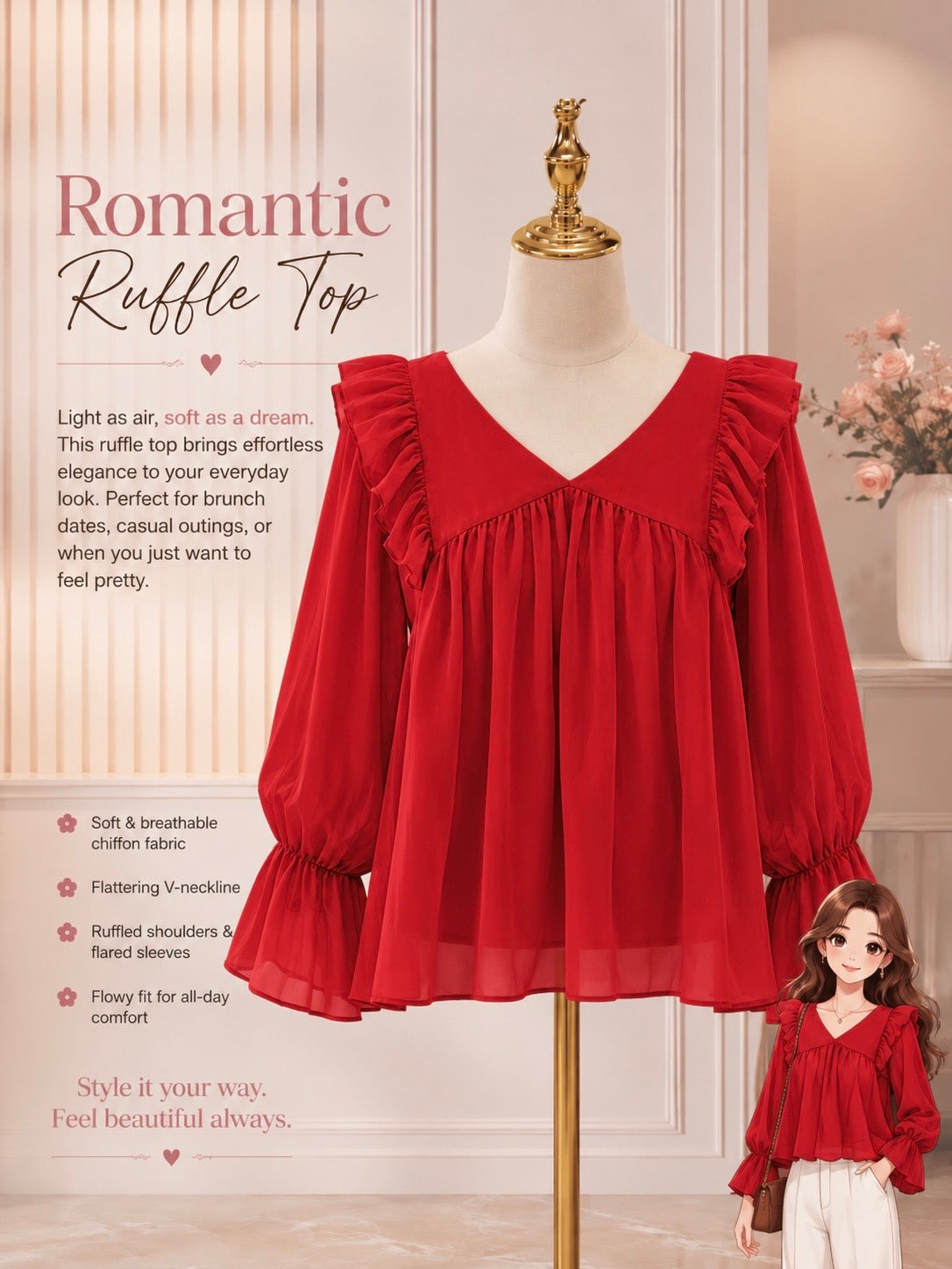 Romantic Red Ruffle Peplum Top
