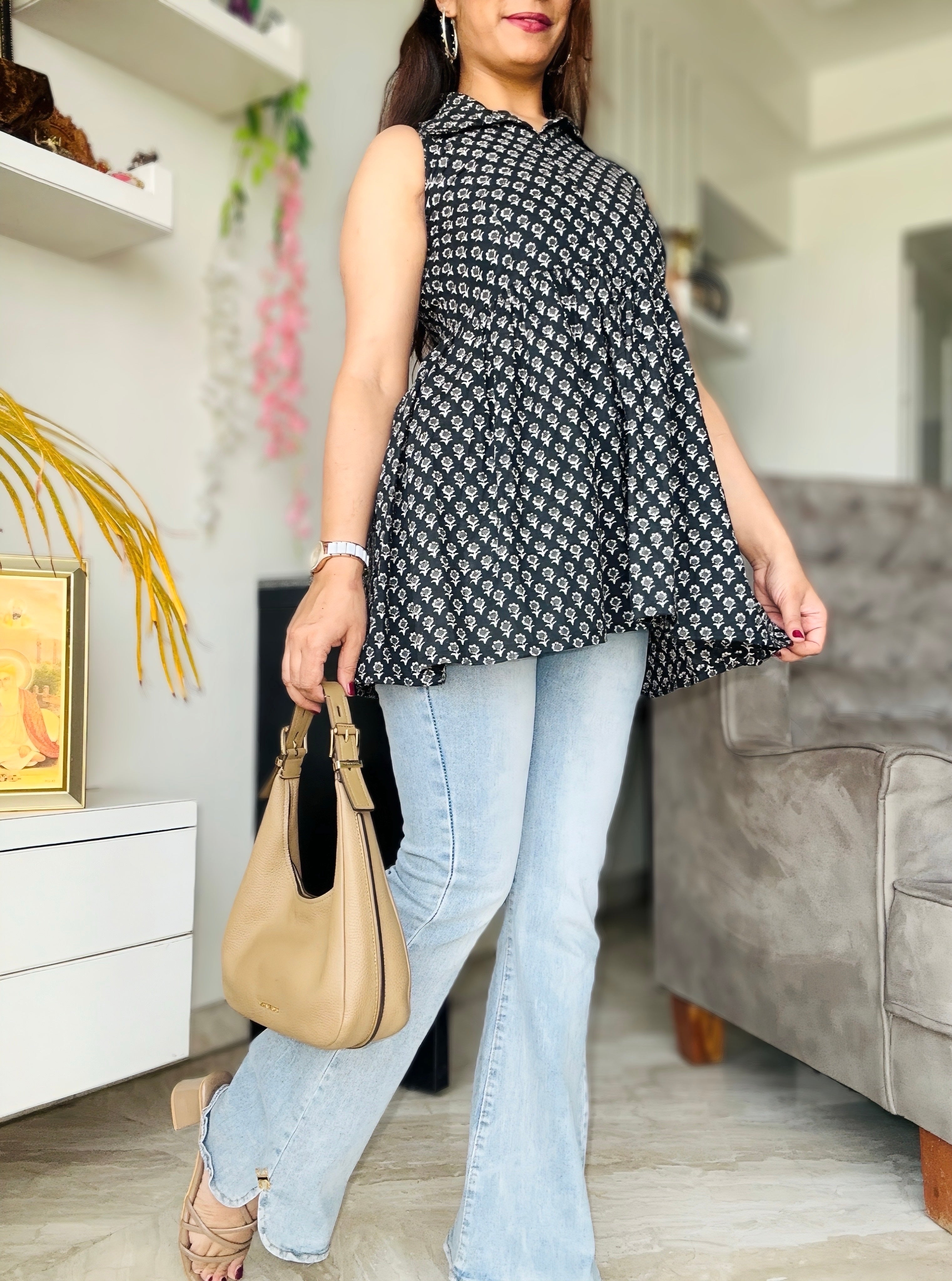 Black Block Print Collared Top