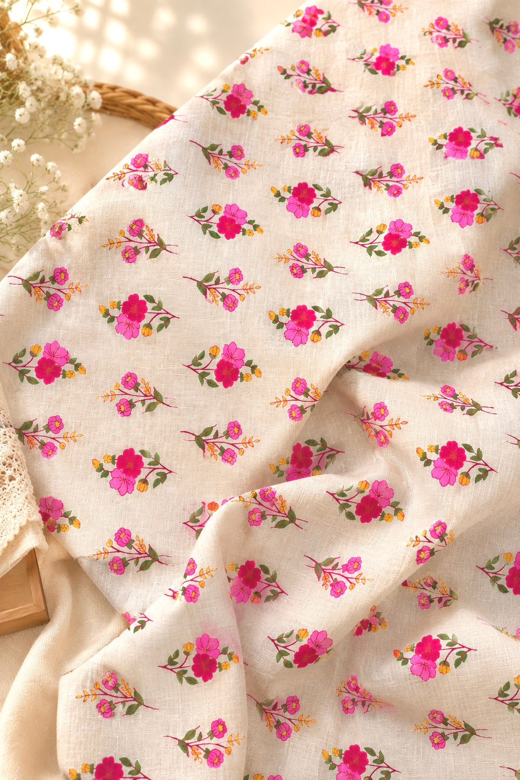 Off White Pink Floral Cotton Fabric Cut