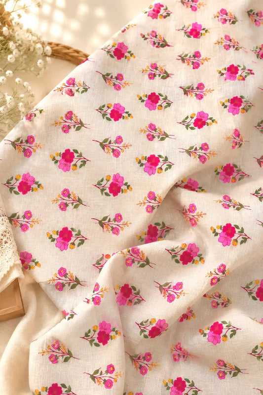 Off White Pink Floral Cotton Fabric Cut
