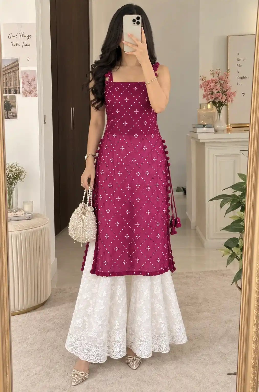 Shimmer Wine Embroidered Gulnaz Kurta