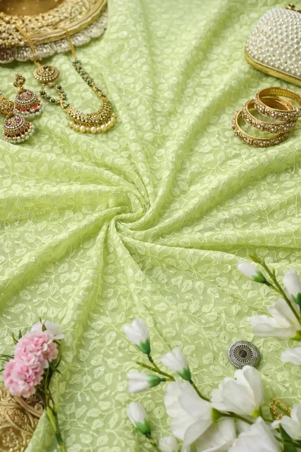 Soft Green Gulnaz Embroidered Fabric Cut