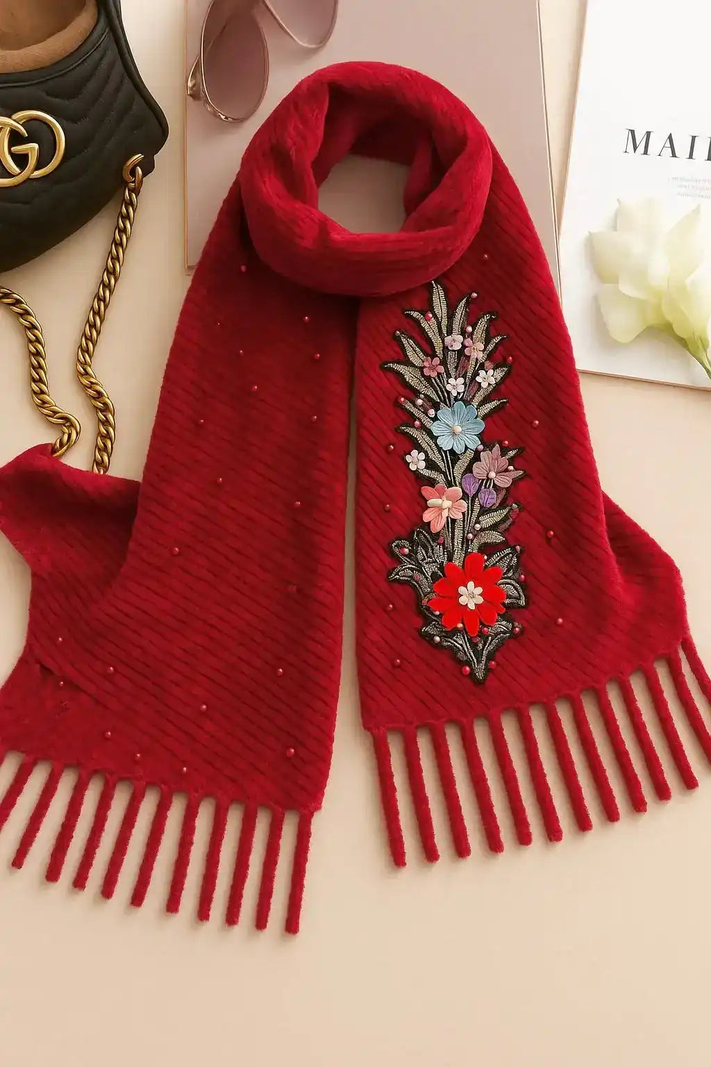 Maroon Embroidered Wool Winter Stole