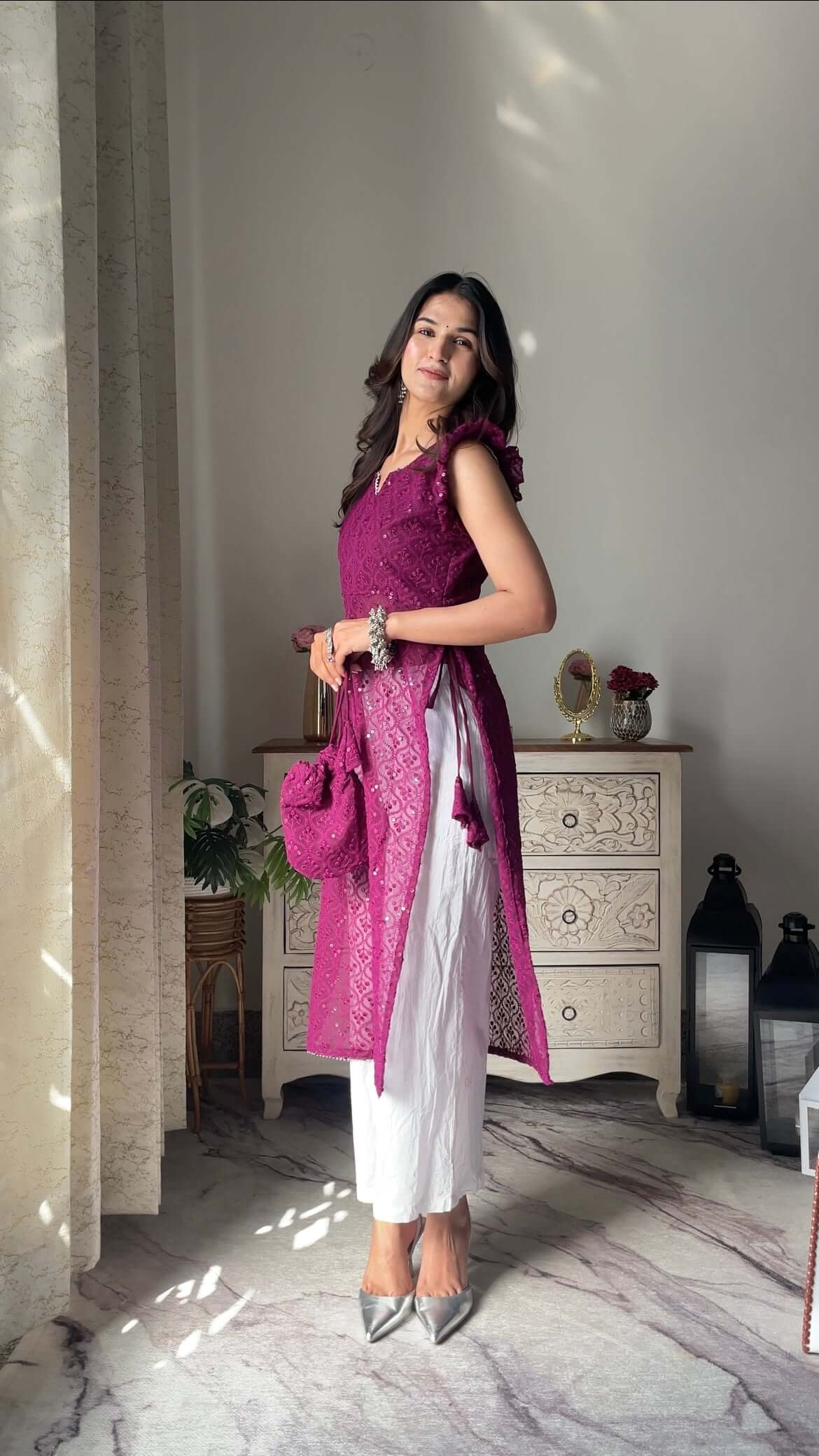 Swati's Plum Wine Frill Gulnaz Kurta