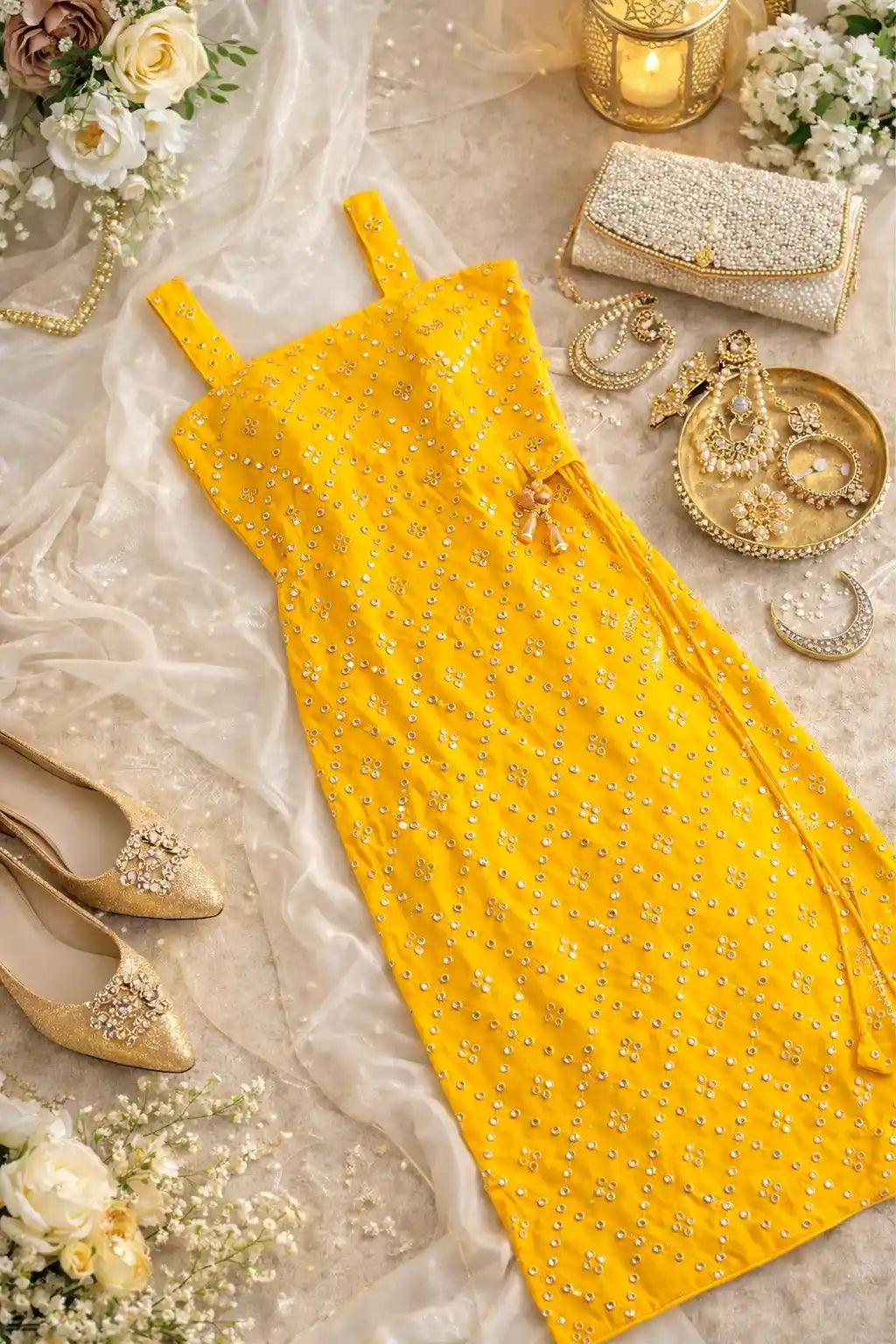 Embroidered Yellow Mirror Gulnaz Kurta