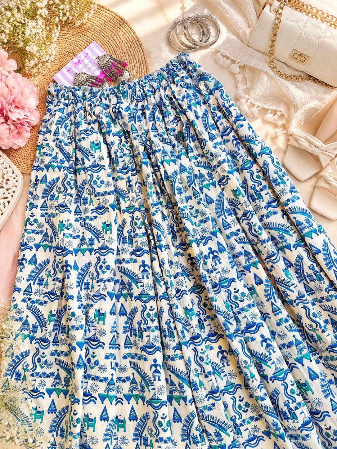 Blue Jaipuri Folk Art Printed Twirl Skirt