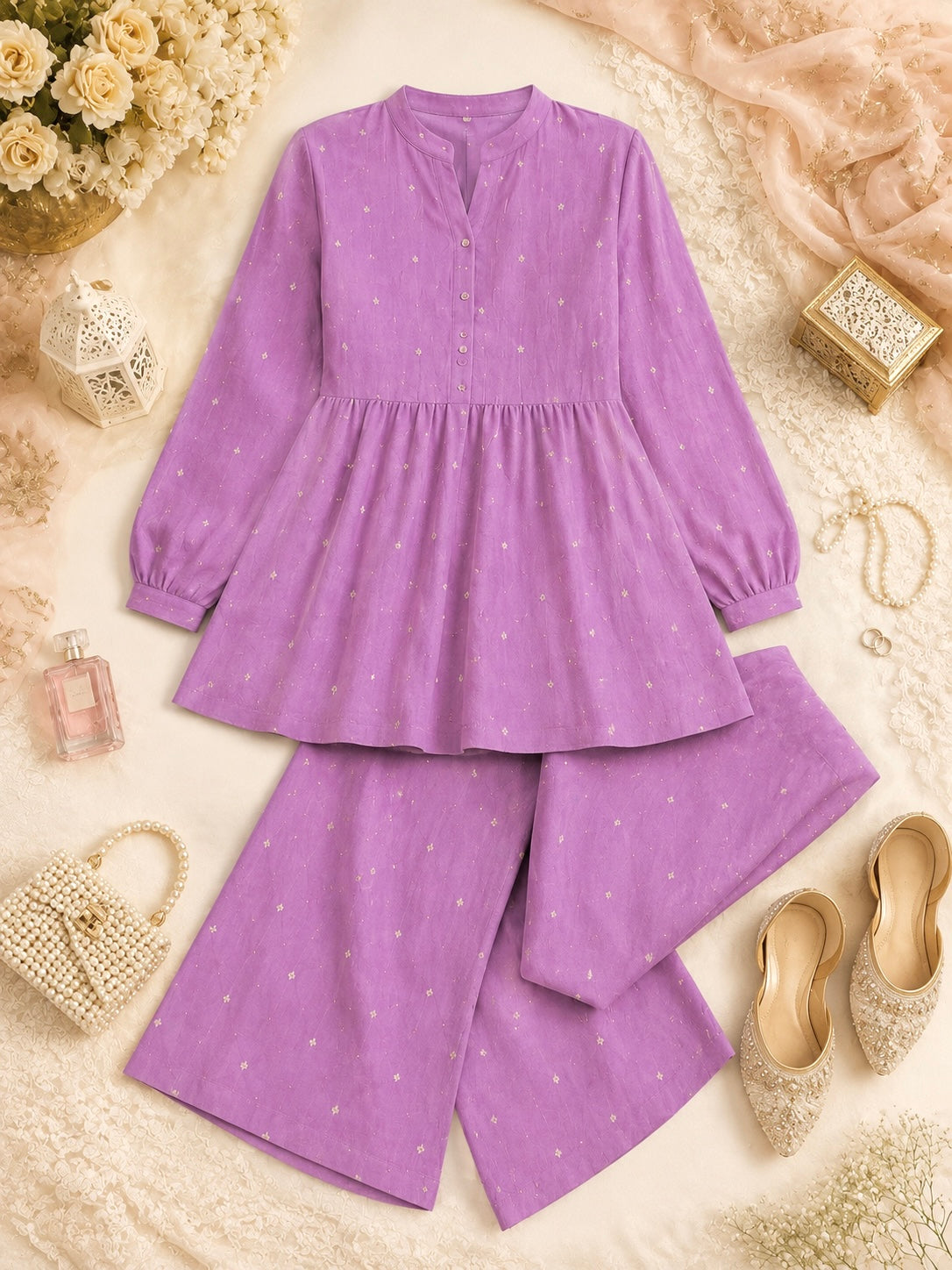 Lavender Embroidered Flared Coord Set