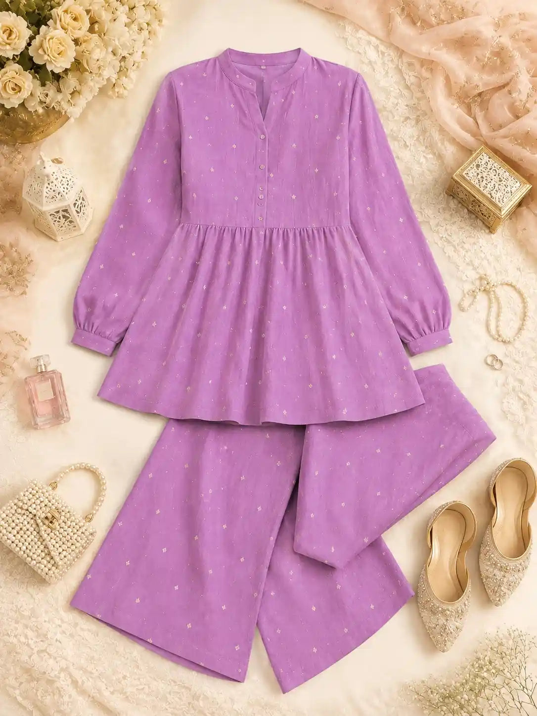 Lavender Embroidered Flared Coord Set