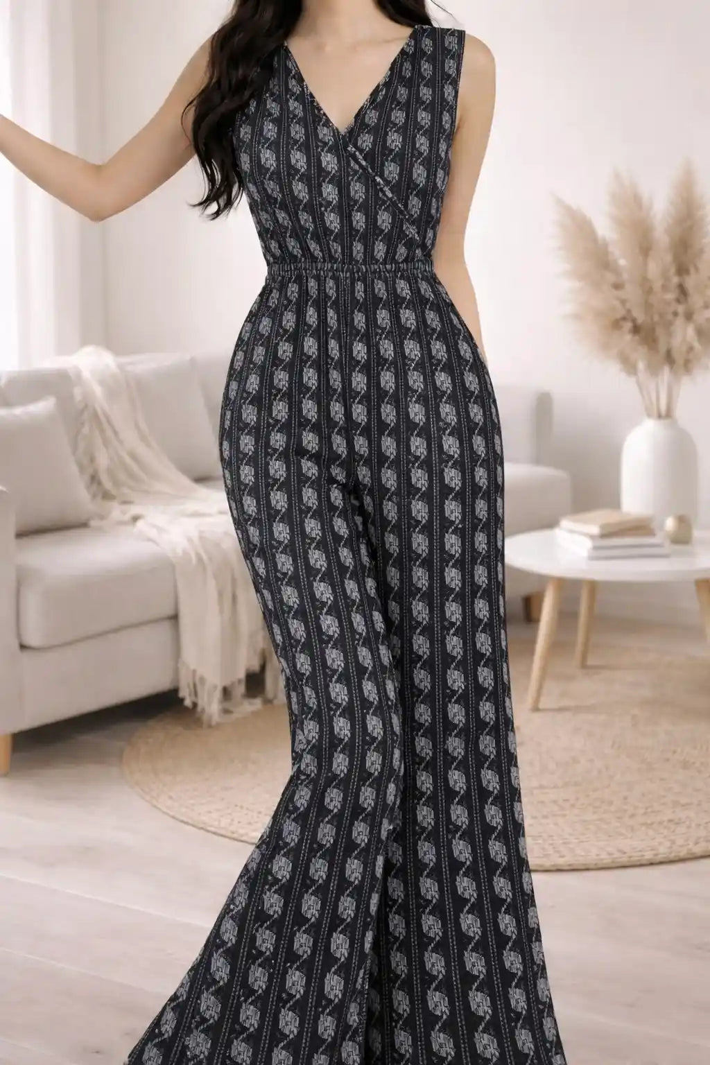Chic Black Ikkat Print Jumpsuit
