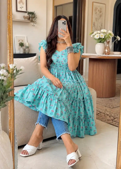 Classic Hand Print Gulnaz Frill Kurta