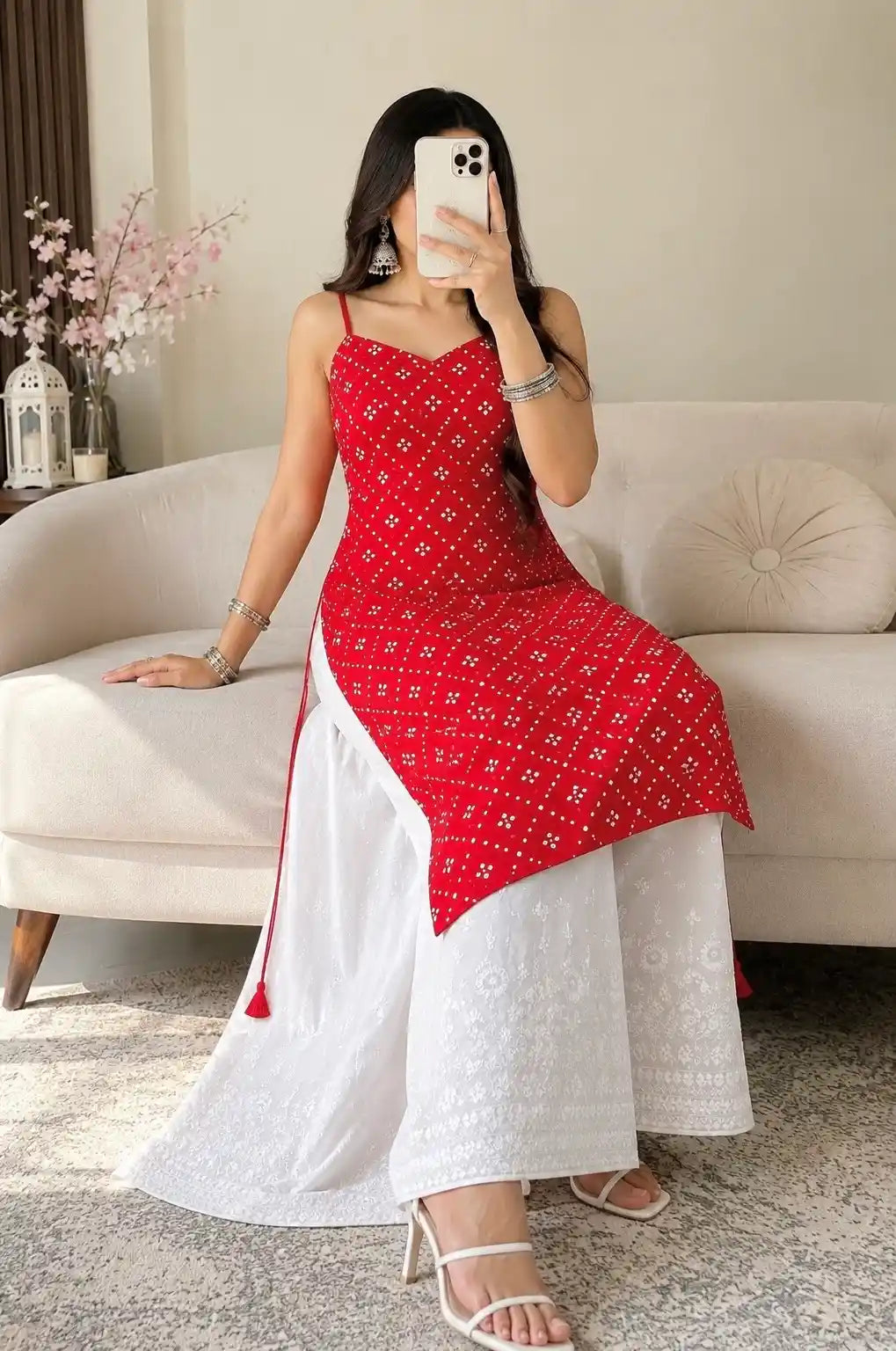 Gulnaz Red Hand Embellished Kurta