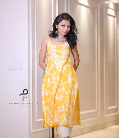 Sunrise Yellow Anokhi Mul Slit Chikan Kurta - Passion for Fashion by Shivani