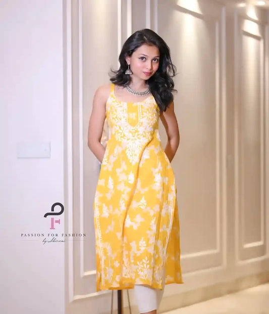 Sunrise Yellow Anokhi Mul Slit Chikan Kurta