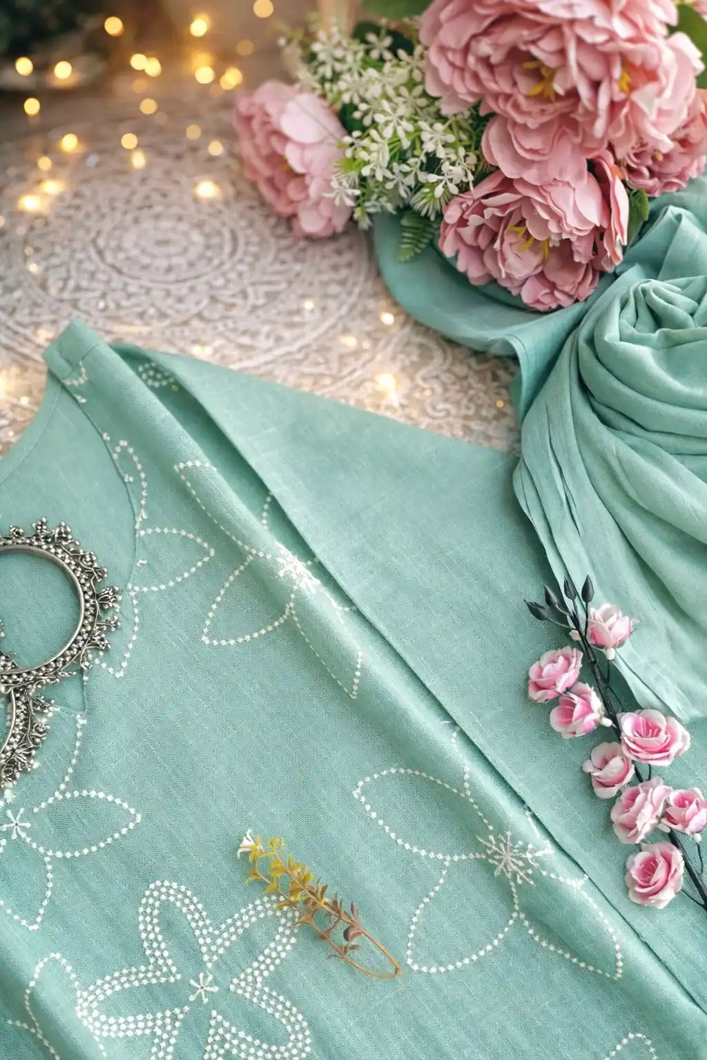 Pastel Green Embroidered Suit Set