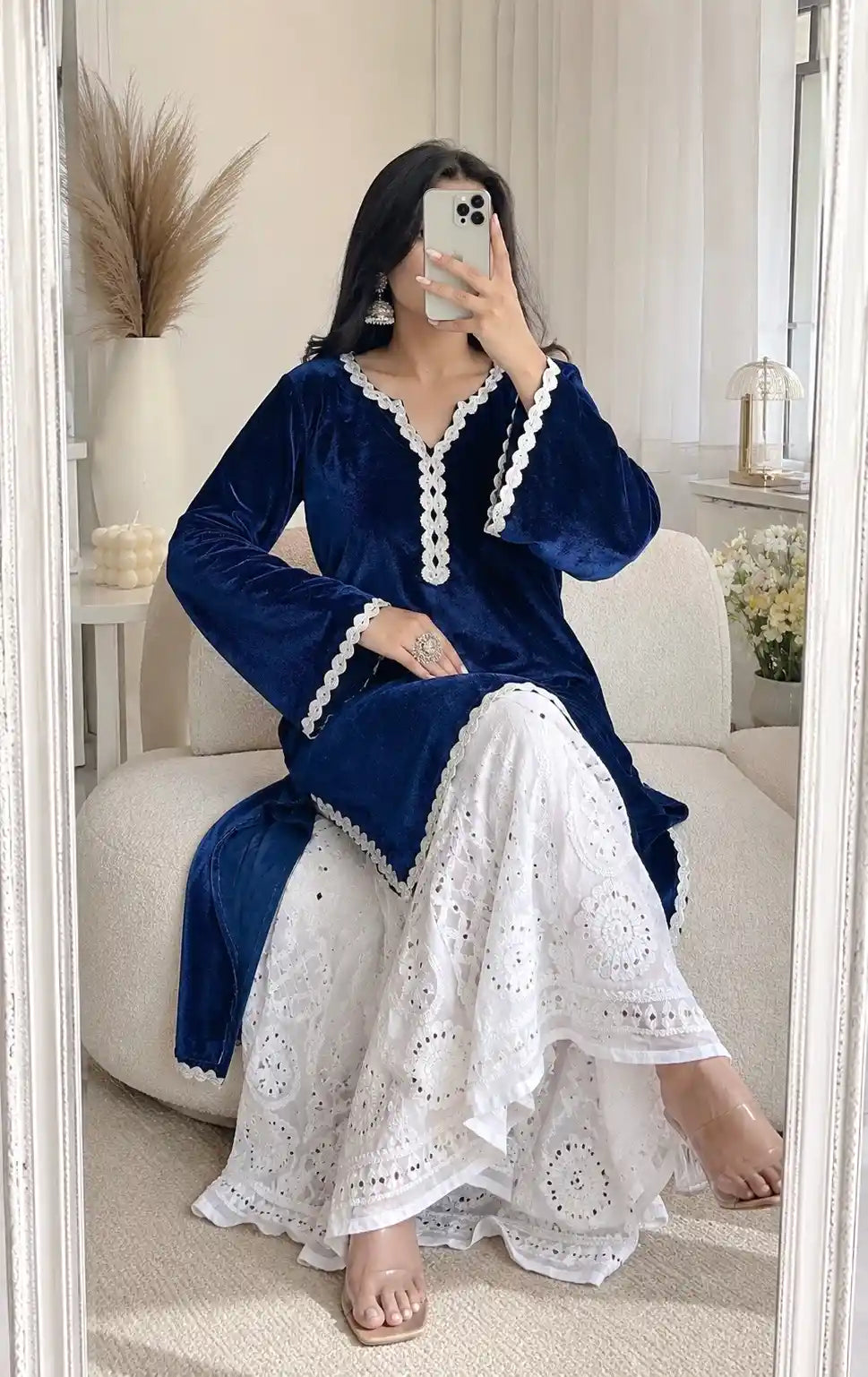 Monochrome Blue Velvet Gulnaz Kurta