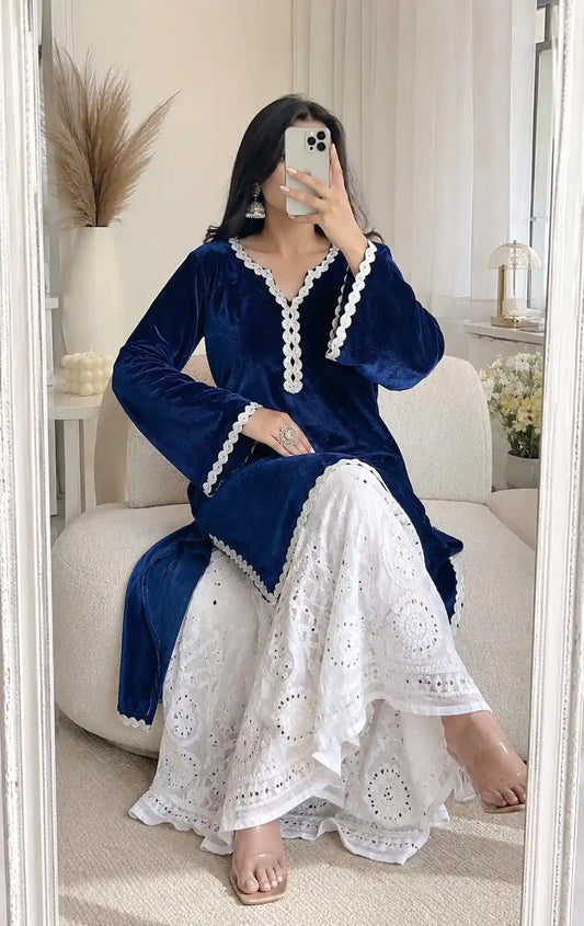 Monochrome Blue Velvet Gulnaz Kurta