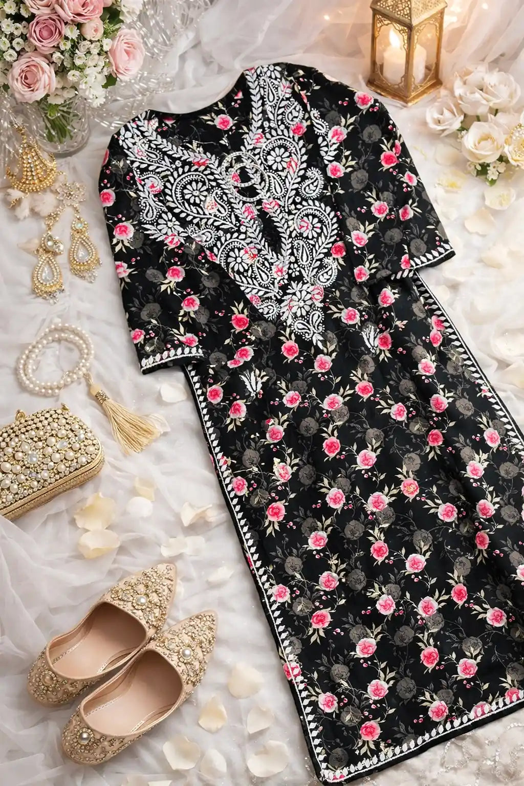 Floral Black Fanah Mul Chikankari