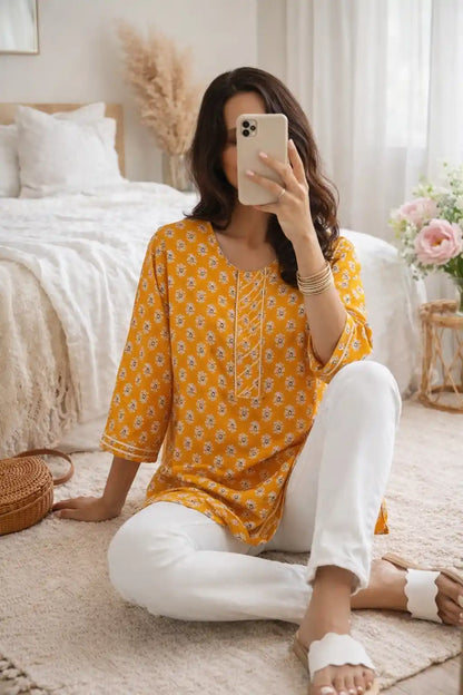 Mustard Handprinted Short Kurta