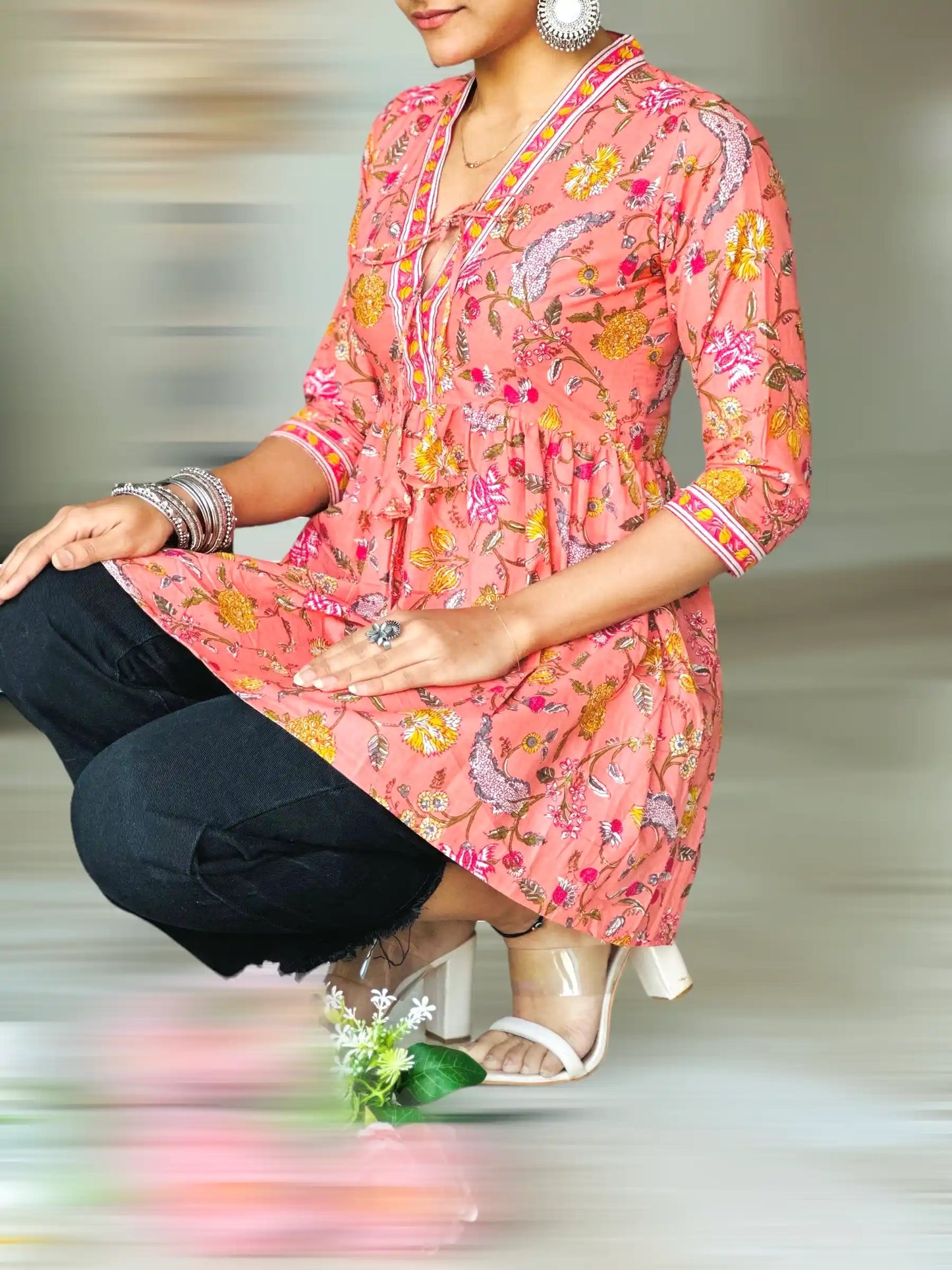 Pretty Peach Kalamkari Short Denim Kurta