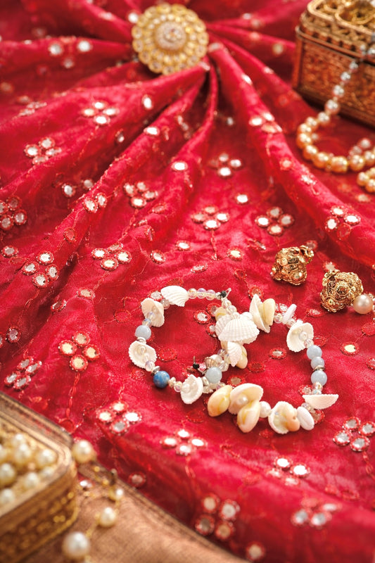 Scarlet Maroon Mirror Embroidered Fabric Cut