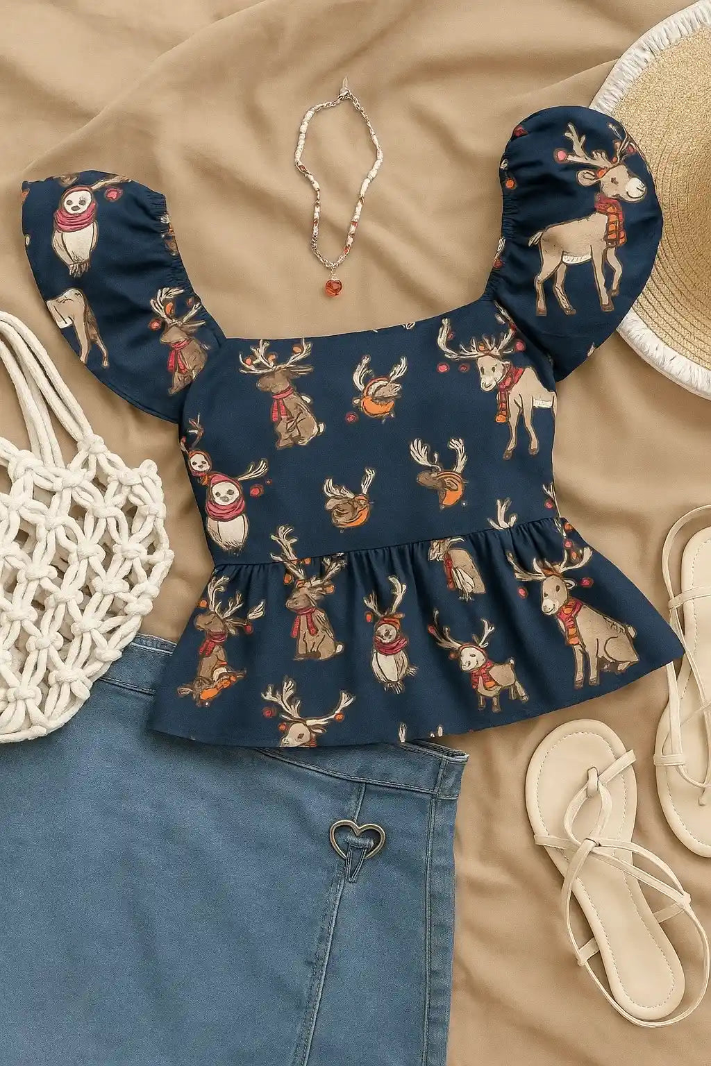 Navy Woodland Reindeer Peplum Top