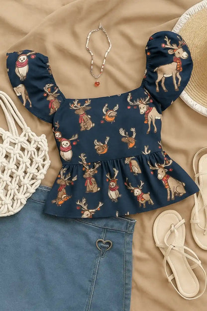 Navy Woodland Reindeer Peplum Top