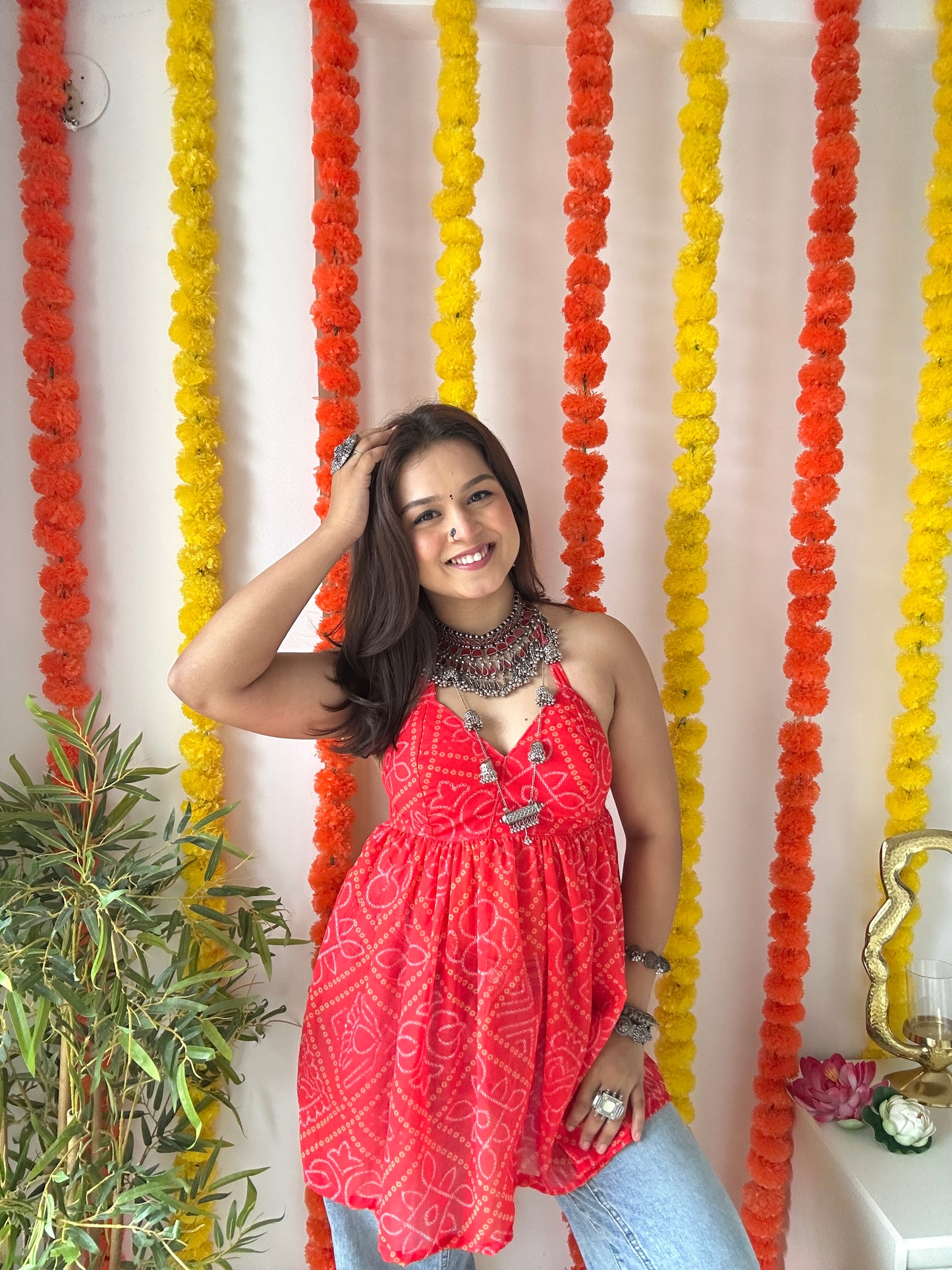 Ayesha’s Red Bandhej Peplum Top
