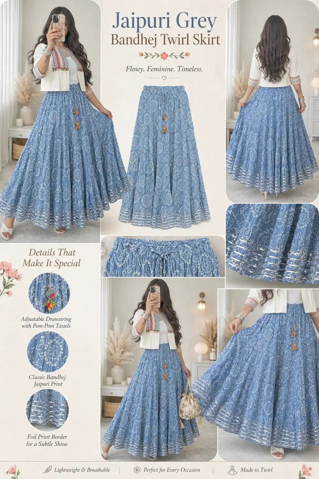 Jaipuri Grey Bandhej Twirl Skirt