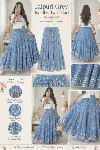Jaipuri Grey Bandhej Twirl Skirt