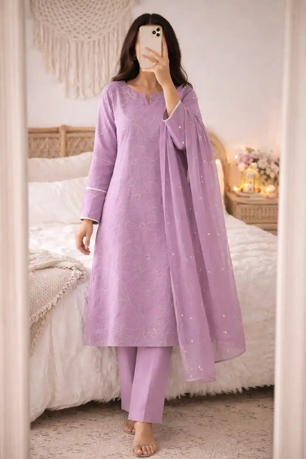 Pastel Lilac Embroidered Suit Set