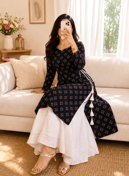 Gulnaz Designer Black Cotton Kurta