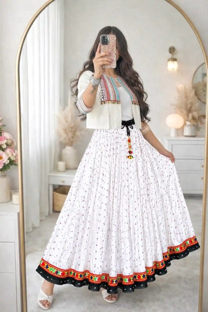 White Bandhej Jaipuri Skirt