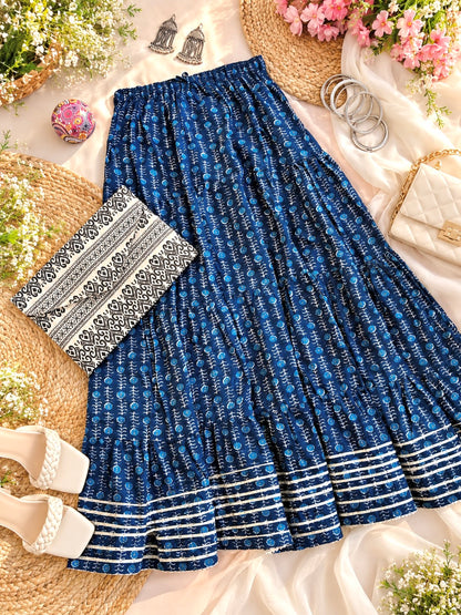 Rustic Jaipuri Indigo Flared Twirl Skirt