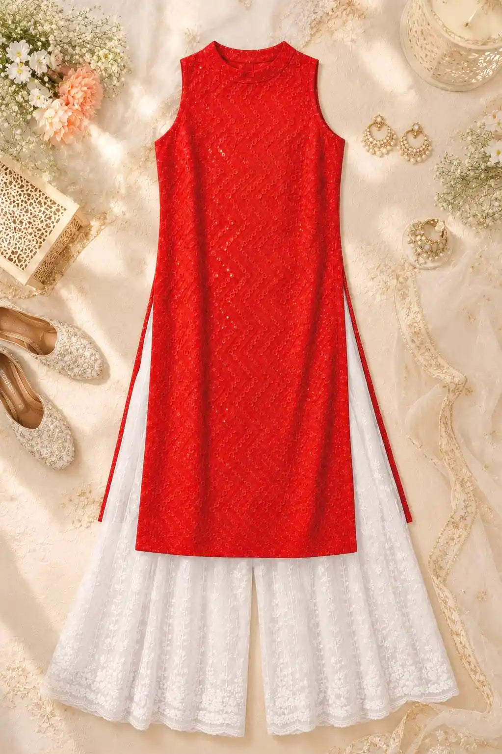 Red Sleeveless Sequin Gulnaz Kurta