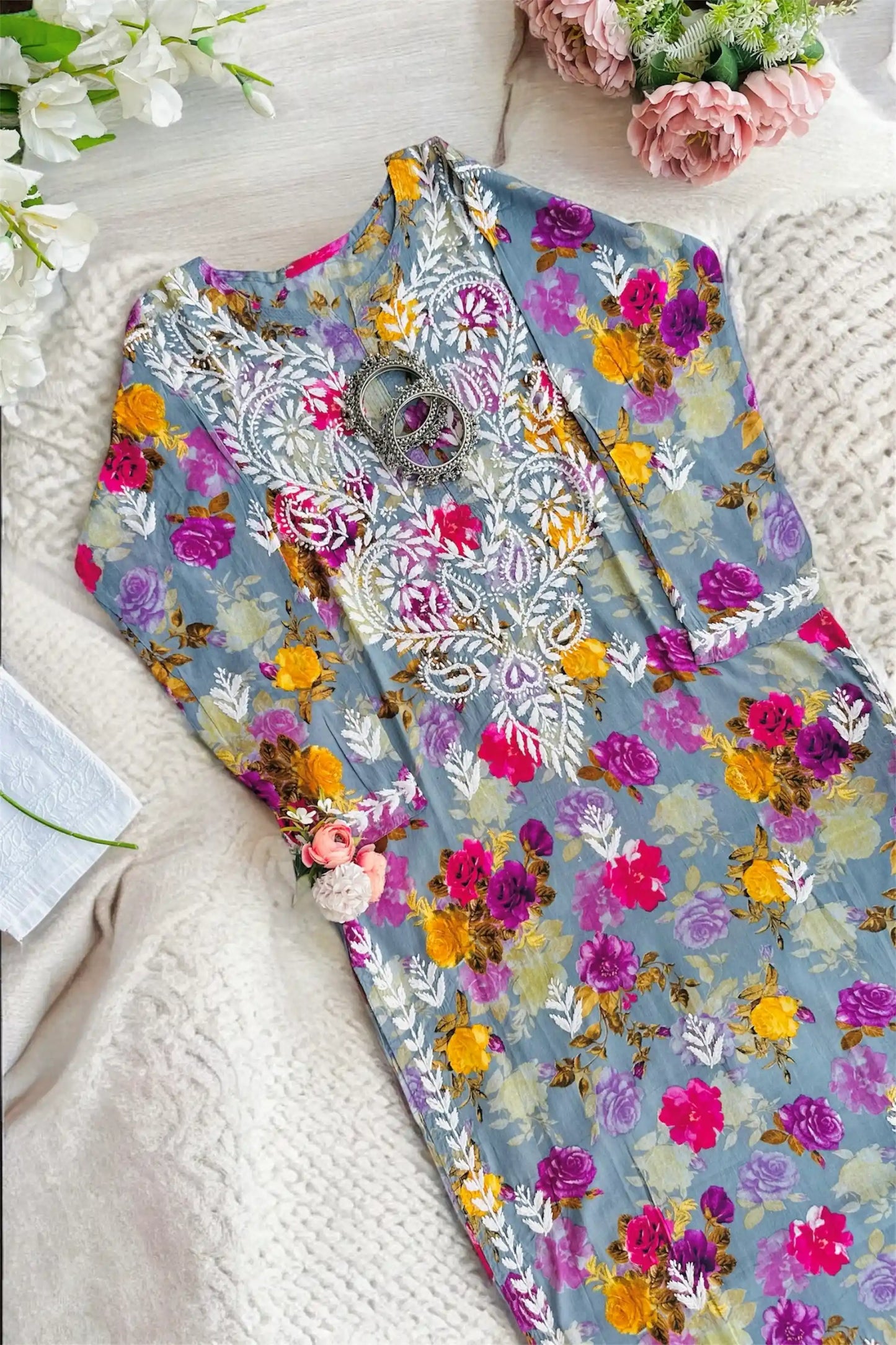 Floral Grey Fanah Mul Chikankari