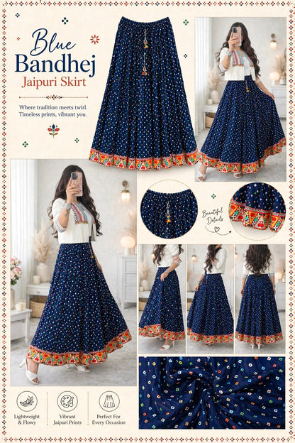 Blue Bandhej Jaipuri Skirt