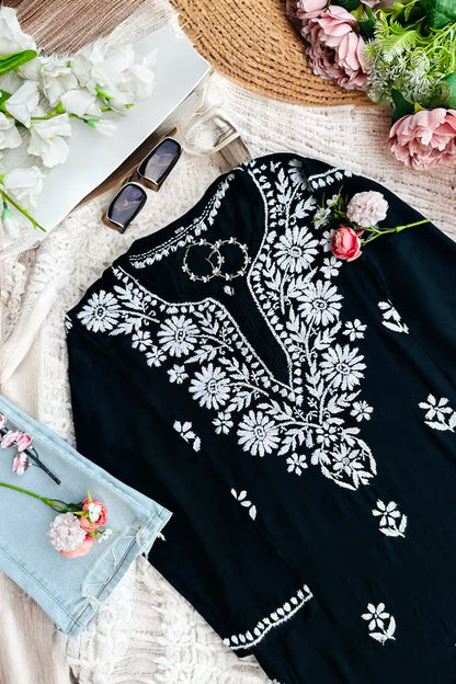 Silk Black Gulzar Chikan Kurta