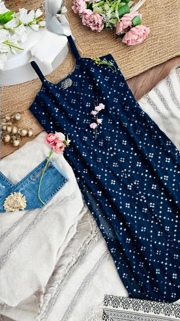 Dazzle Blue Mirror Embroidered Gulnaz Kurta