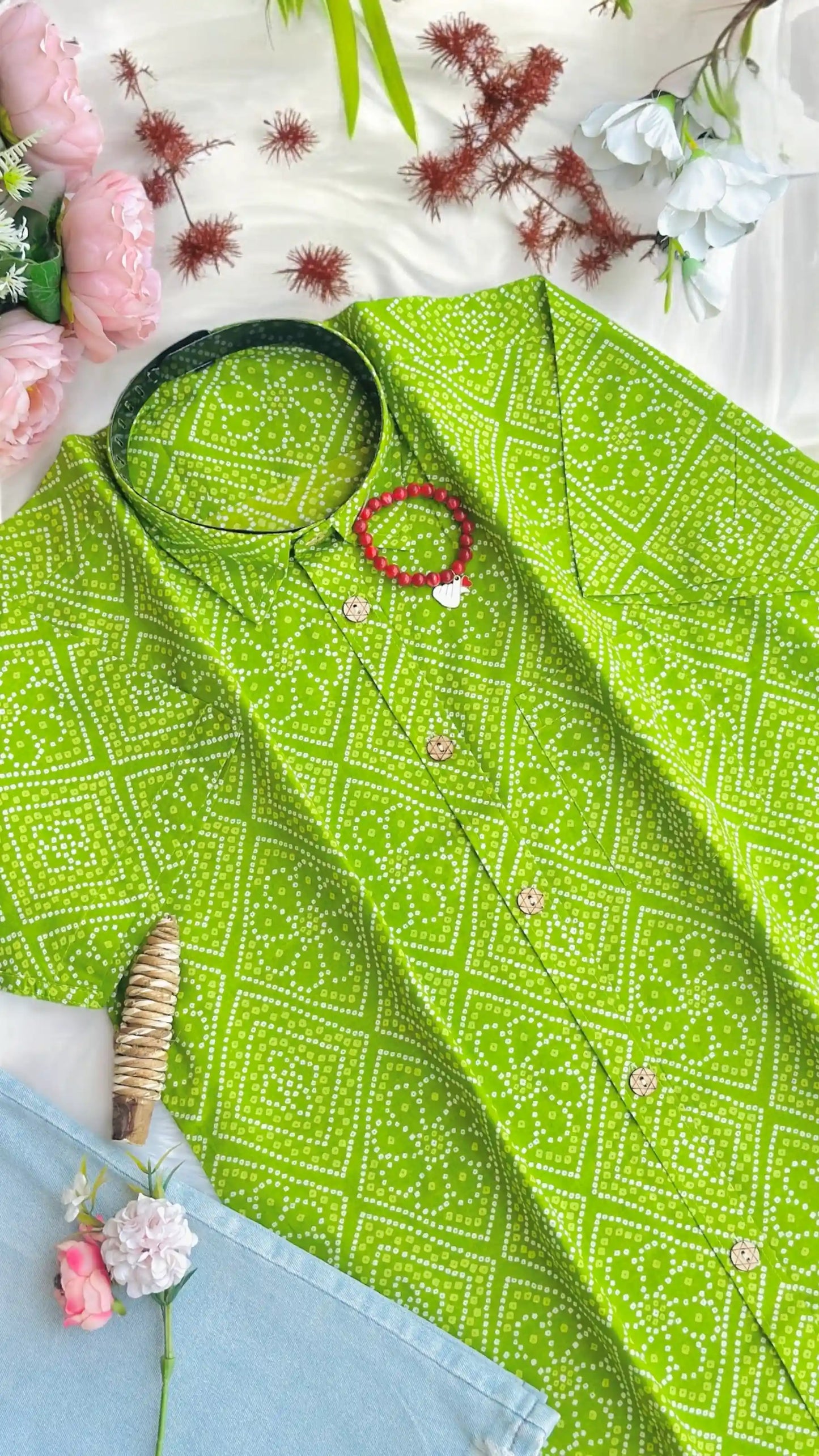 Green Bandhej Jaipuri Shirt