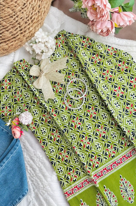Green Handprinted Short Kurta